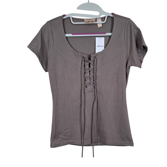 NEW NWT Women's Willow & Root Gray/Beige Lace Up Short Sleeve Tee | Size Small - Picture 1 of 9